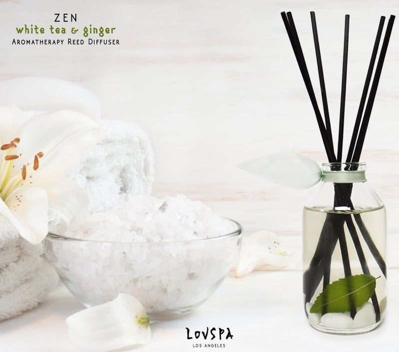 LOVSPA Reed Diffuser Set, Zen White Tea & Ginger Scented Oil Diffuser with Sticks, Home Fragrance Accessories for Bathroom Shelf Decor, Aroma Diffusers for Home or Office Desk, USA Made - Image 5